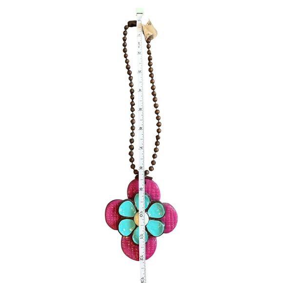 Sooki Sooki Pink Turquoise Western Rodeo Cross Flower Chunky Necklace - Picture 5 of 5